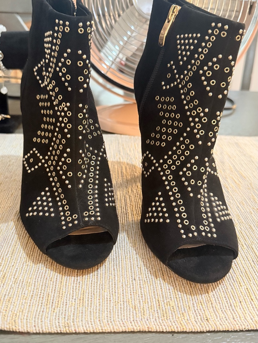 Vince Camuto Black Suede Studded Peep-Toe Ankle Boots